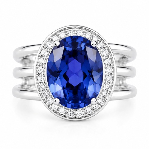 Sterling silver Kylie design oval blue tanzanite cubic zirconia band ring 15mm wide