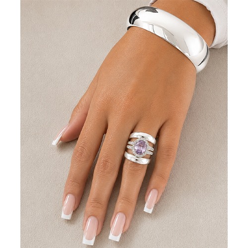 Sterling silver Ava design Lilac purple cubic zirconia bulky band ring 22mm wide - Image 3