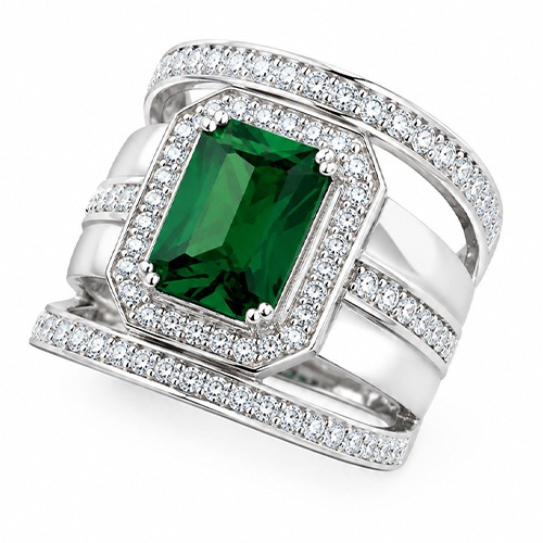 Sterling silver Ria design rectangular green emerald cubic zirconia band ring 17mm wide - Image 2