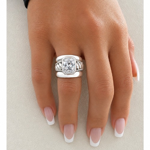Sterling silver Cornelia design bulky rectangular cubic zirconia band ring 17mm wide - Image 3
