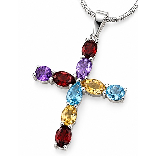 Sterling silver Dolce design multicolour gemstone cross pendant 55mm long - Image 3