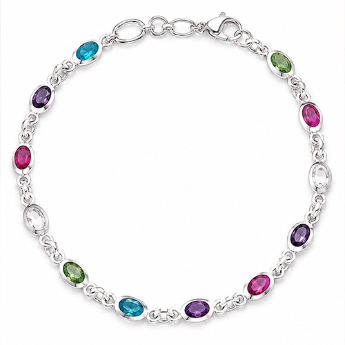 Sterling silver Tutti Frutti design pastel colours oval cubic zirconia stone bracelet 5mm wide