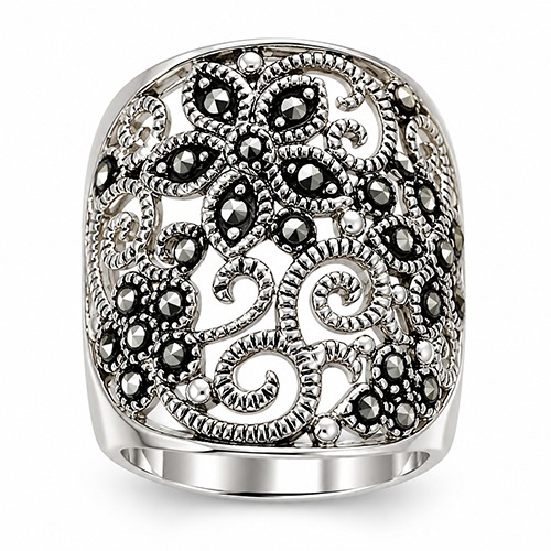 Sterling Silver Marcasite stone Floral design band ring 23mm wide