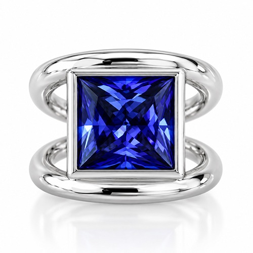 Sterling silver Laura design Square blue tanzanite cubic zirconia double band ring 16mm wide
