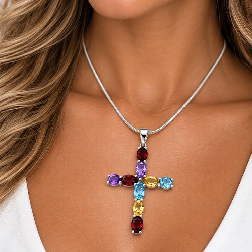 Sterling silver Dolce design multicolour gemstone cross pendant 55mm long