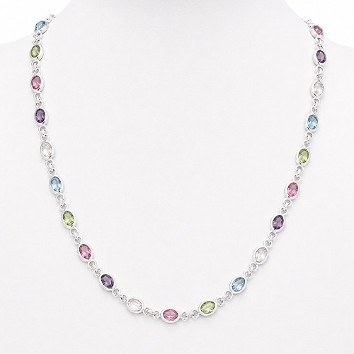 Sterling silver Tutti Frutti design pastel colours oval cubic zirconia stone necklace 5mm wide - Image 2
