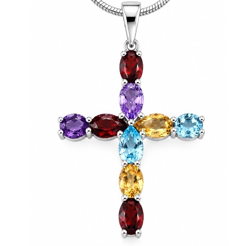 Sterling silver Dolce design multicolour gemstone cross pendant 55mm long - Image 2