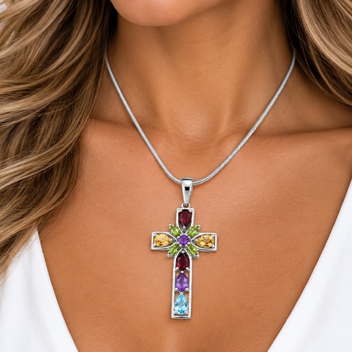 Sterling silver Bonny design celtic gemstone cross pendant 55mm long - Image 2