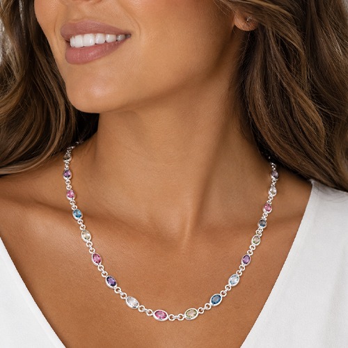 Sterling silver Tutti Frutti design pastel colours oval cubic zirconia stone necklace 5mm wide