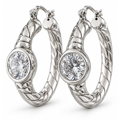 Sterling silver Bella design white cubic zirconia rope round hoop earrings 40mm size