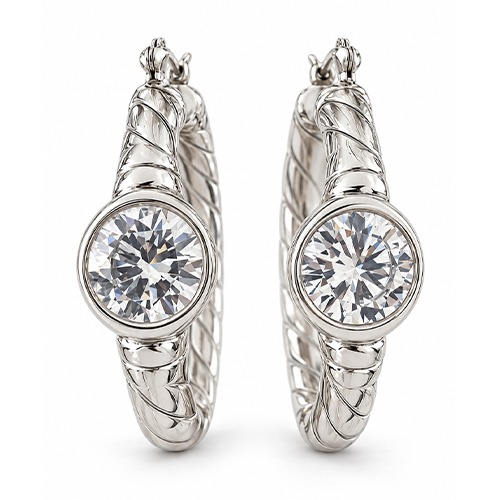 Sterling silver Bella design white cubic zirconia rope round hoop earrings 40mm size - Image 2