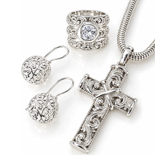 Sterling silver Donatella design fillagree pattern large cross pendant 60mm long - Image 3
