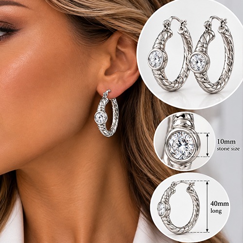 Sterling silver Bella design white cubic zirconia rope round hoop earrings 40mm size - Image 3