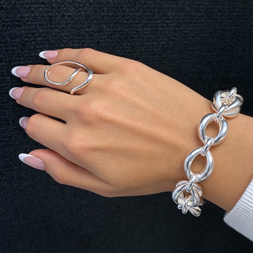 Sterling silver bulky double oval links design solid bracelet 16mm wide - Image 2