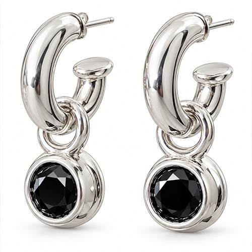Sterling silver bulky black cubic zirconia stone pretty women earrings 40mm long