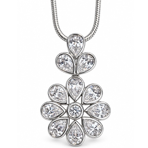 Sterling silver flower petal design cubic zirconia drop pendant 30mm long