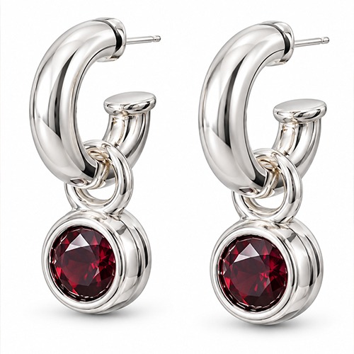 Sterling silver bulky red garnet cubic zirconia pretty women earrings 40mm long