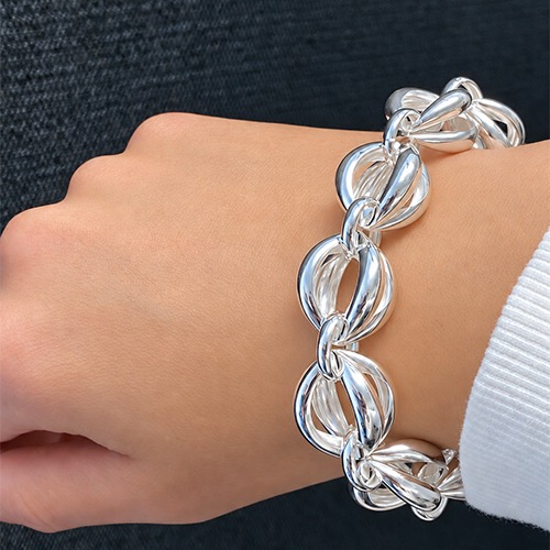 Sterling silver bulky double oval links design solid bracelet 16mm wide