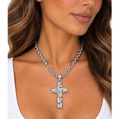 Sterling silver Donatella design fillagree pattern large cross pendant 60mm long - Image 2