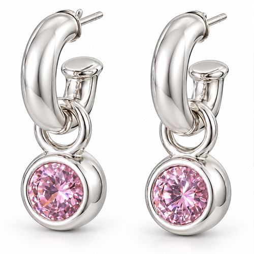 Sterling silver bulky pink cubic zirconia pretty women earrings 40mm long